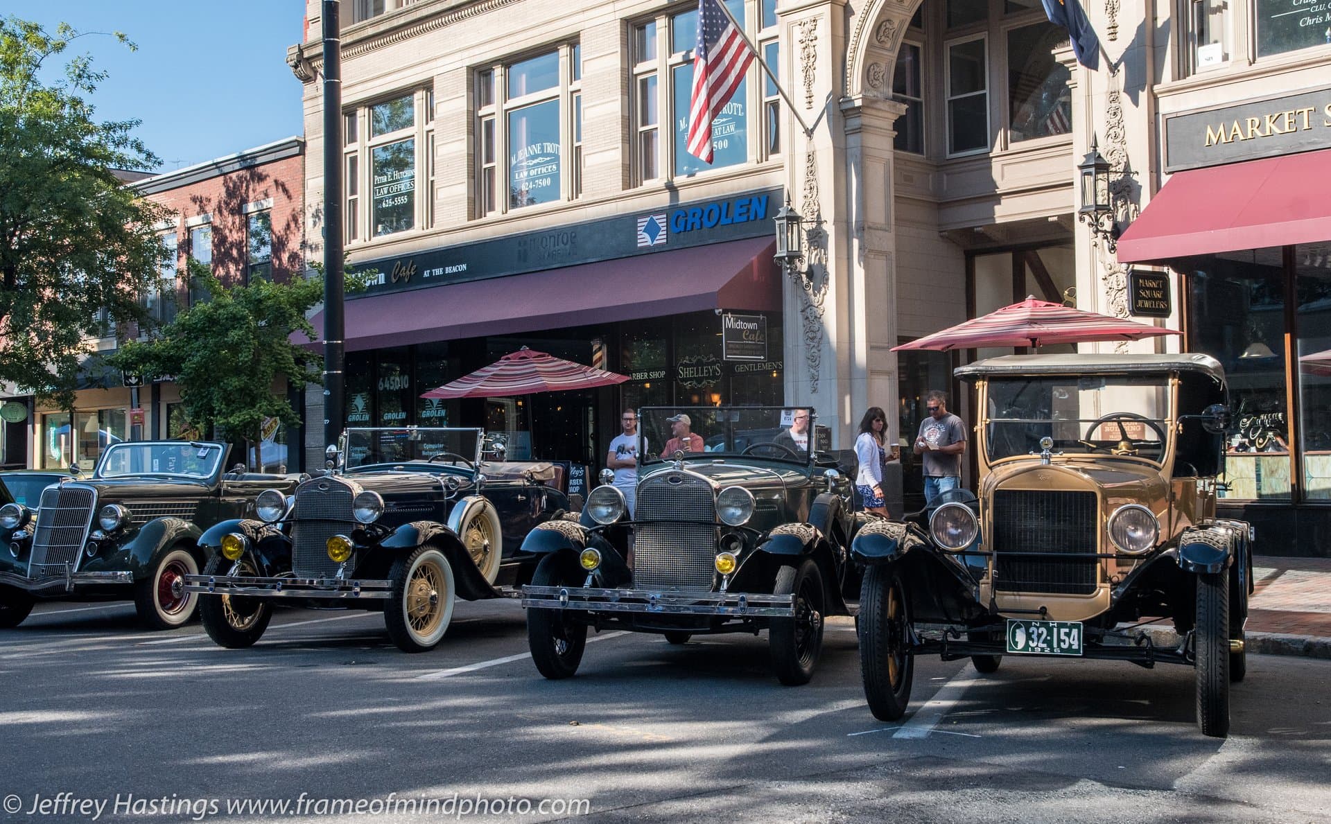 Antique Fords lined up on Elm Street